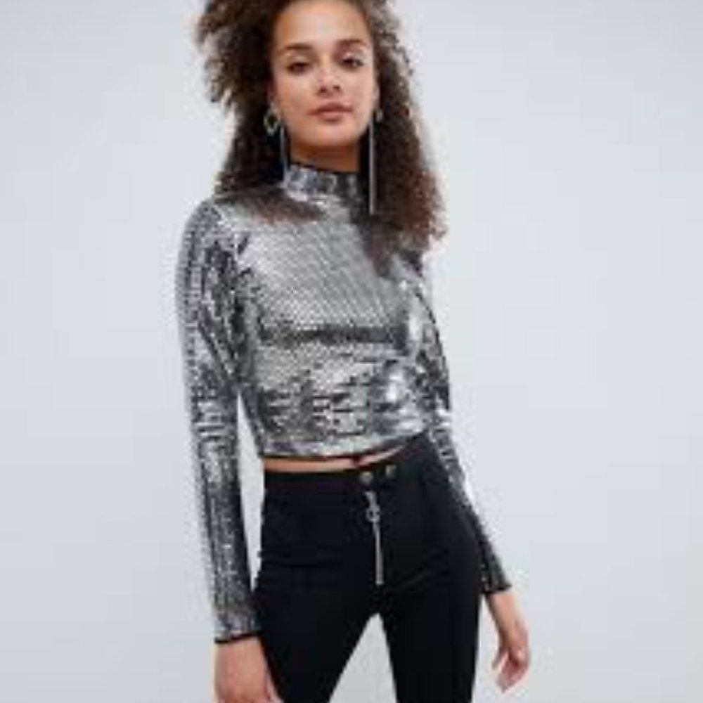Bershka Mirror High Neck Long Sleeved Crop Top